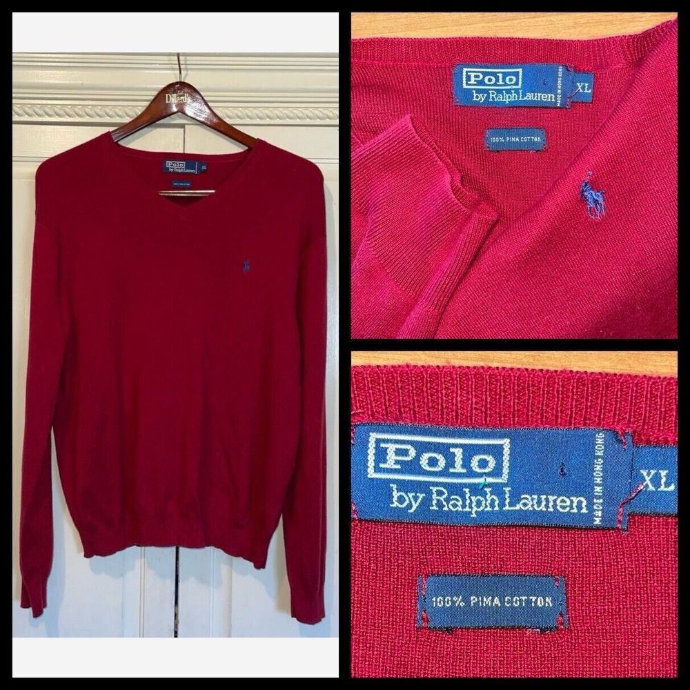 Polo Ralph Lauren Sweater Men XL Red‎ 100% Pima Cotton Soft Blue Logo Preppy